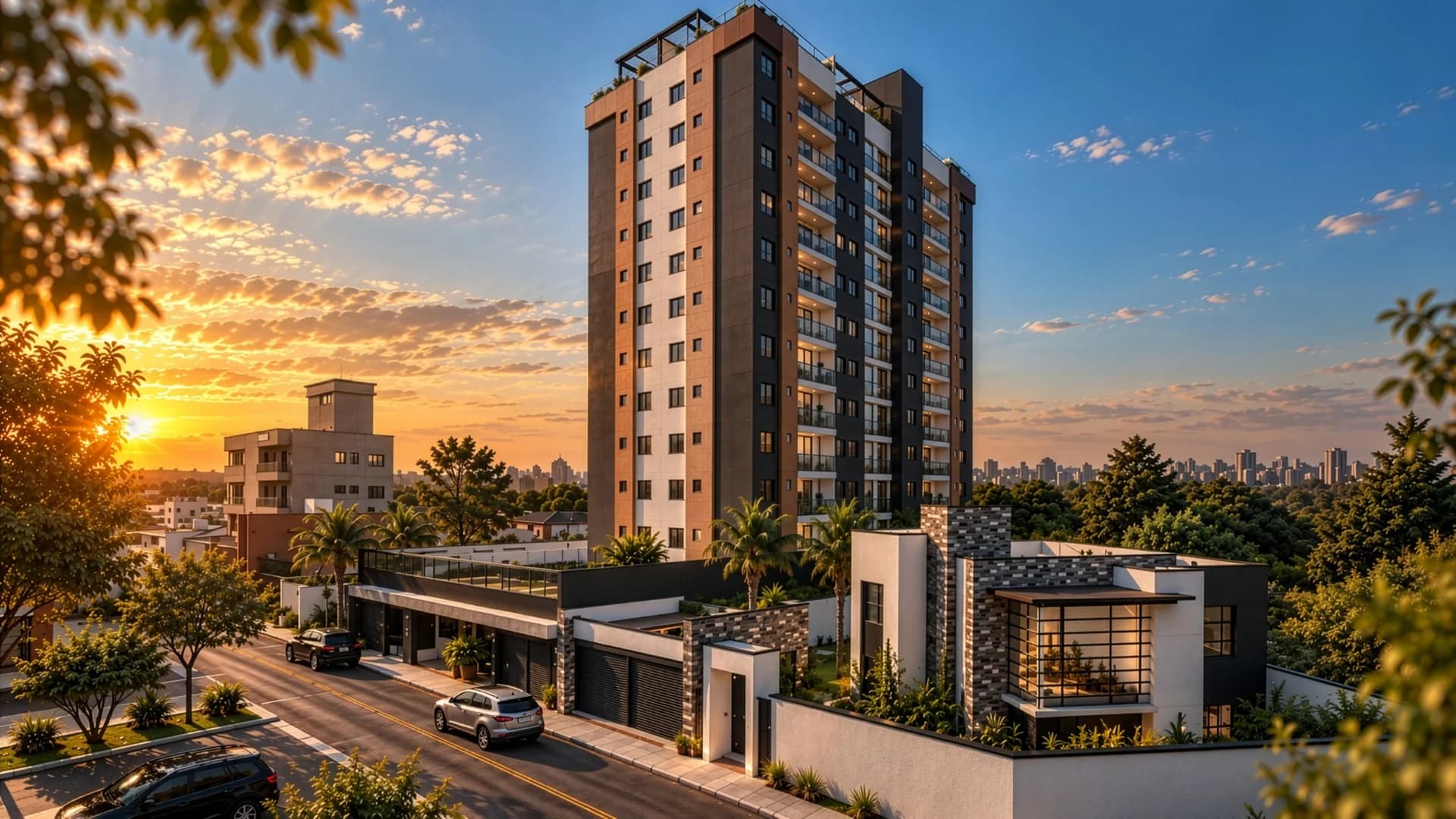 Perspectiva da fachada do Residencial Azimute ao entardecer.