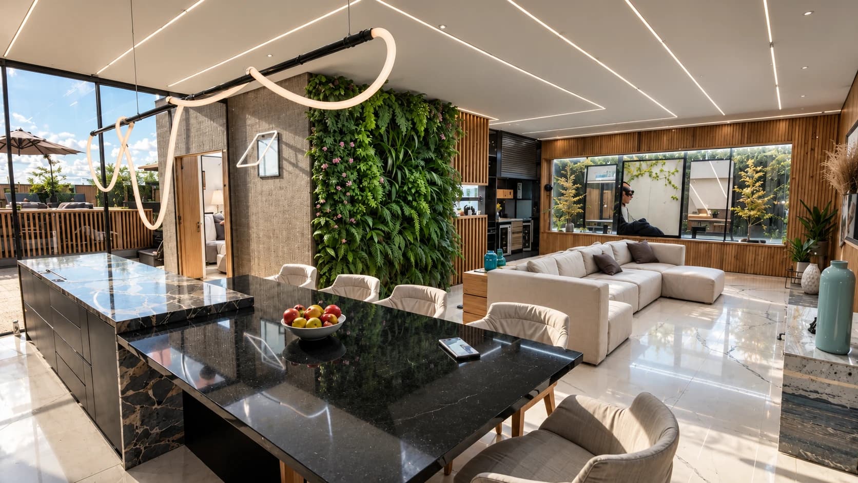 Cozinha, mesa de jantar e estar integrados, com luz natural.
