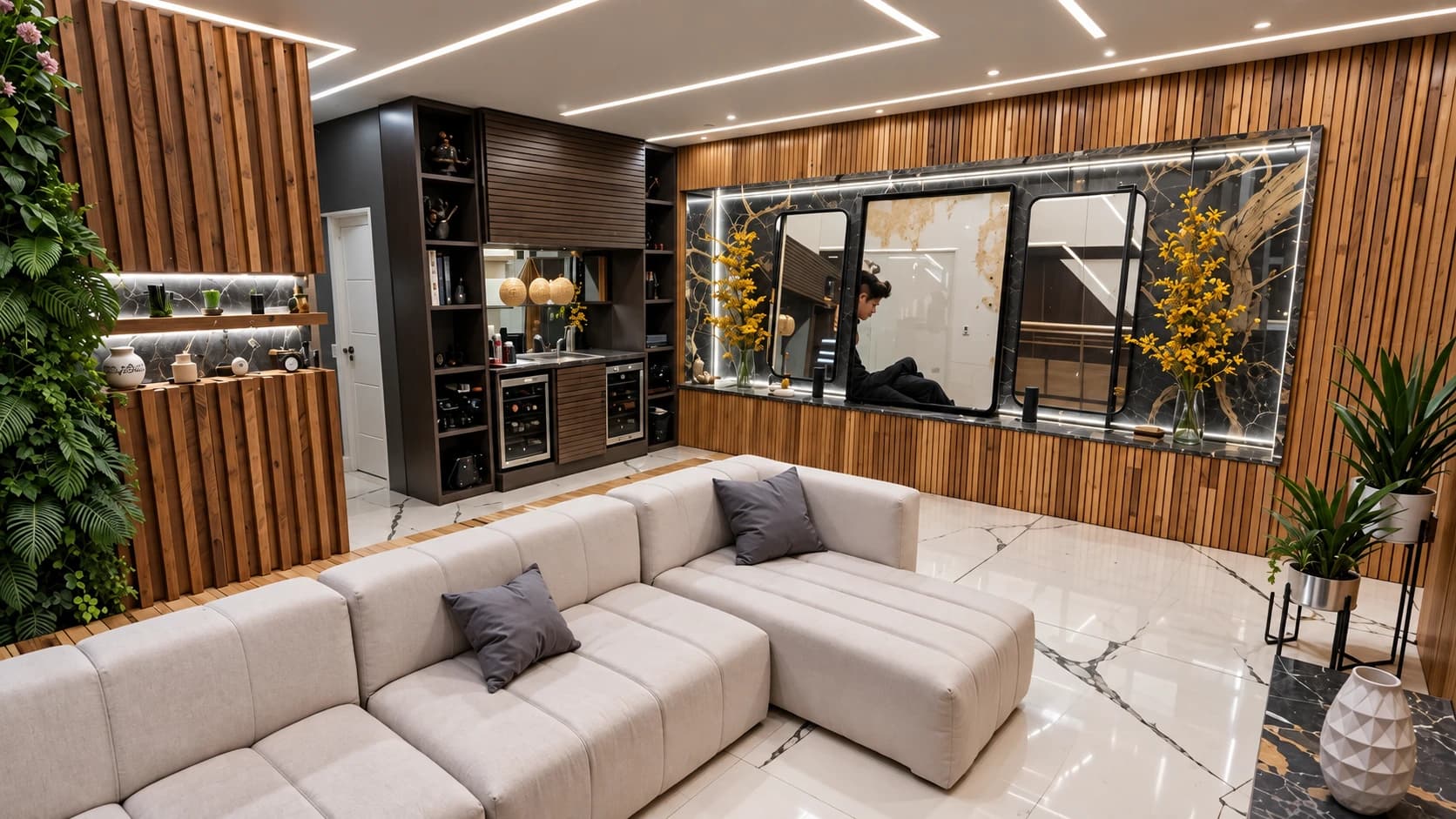 Sala com sofá claro, painel de madeira e bar ao fundo.