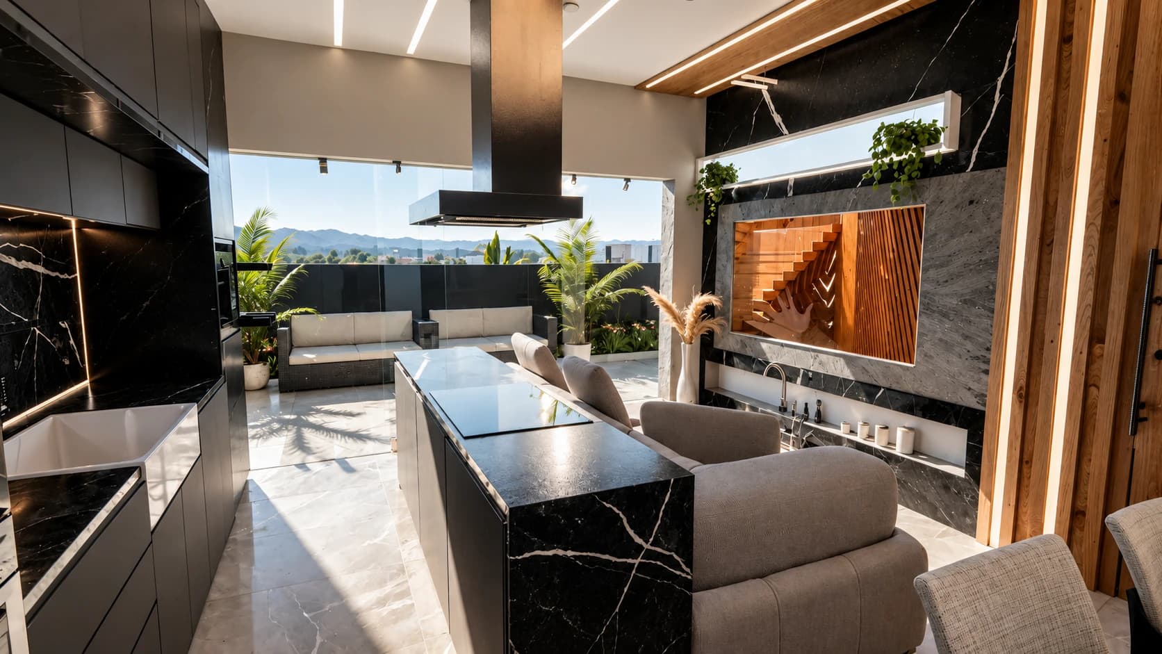 Cozinha e estar em pedra e madeira abertos para um terraço ensolarado.