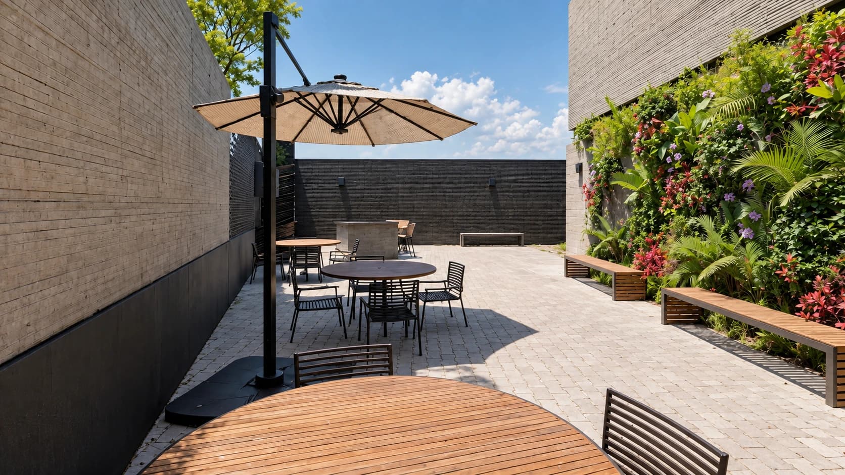 Terraço com sofás claros, palmeiras e portas de vidro.